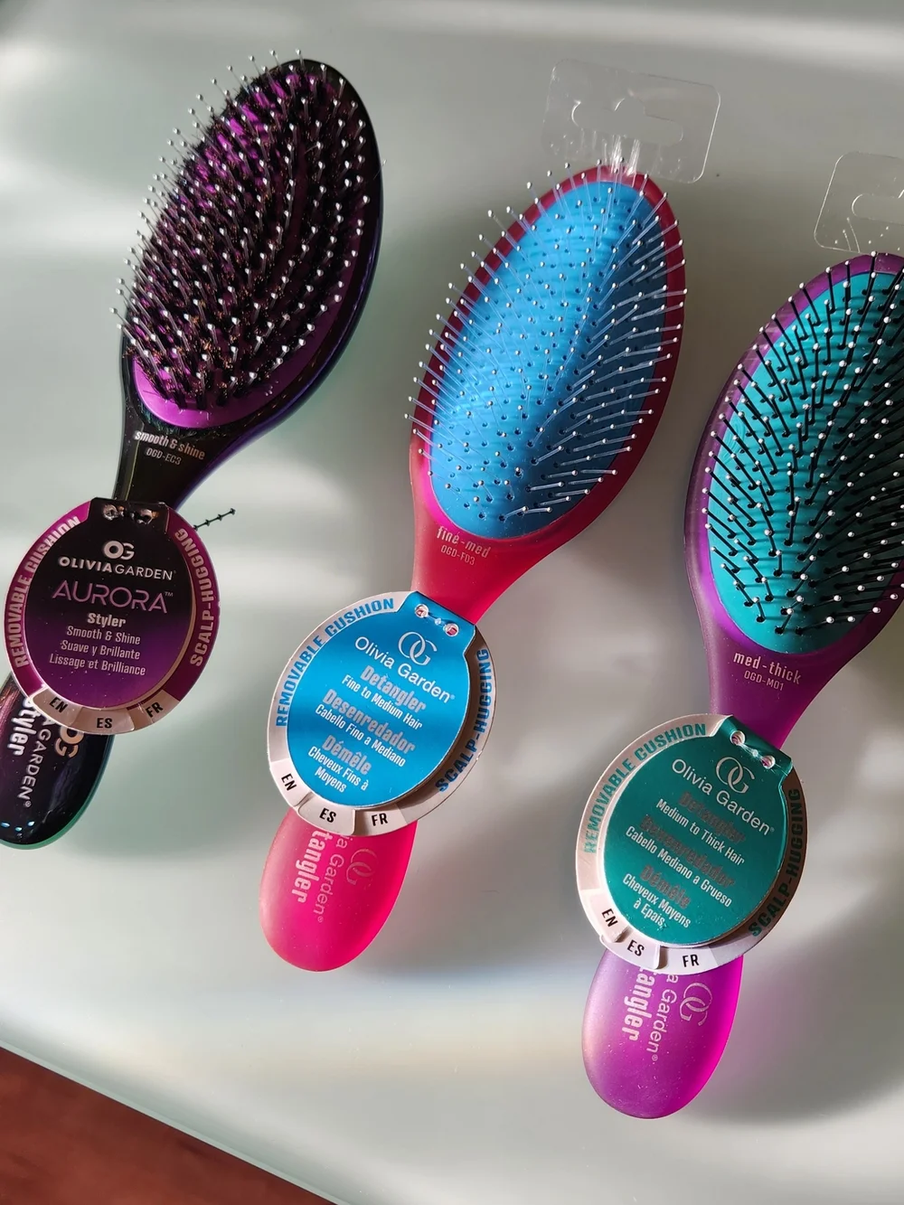 3-Olivia Garden Colorful Detangler HAIR Brush Trio - Purple, Pink & Teal